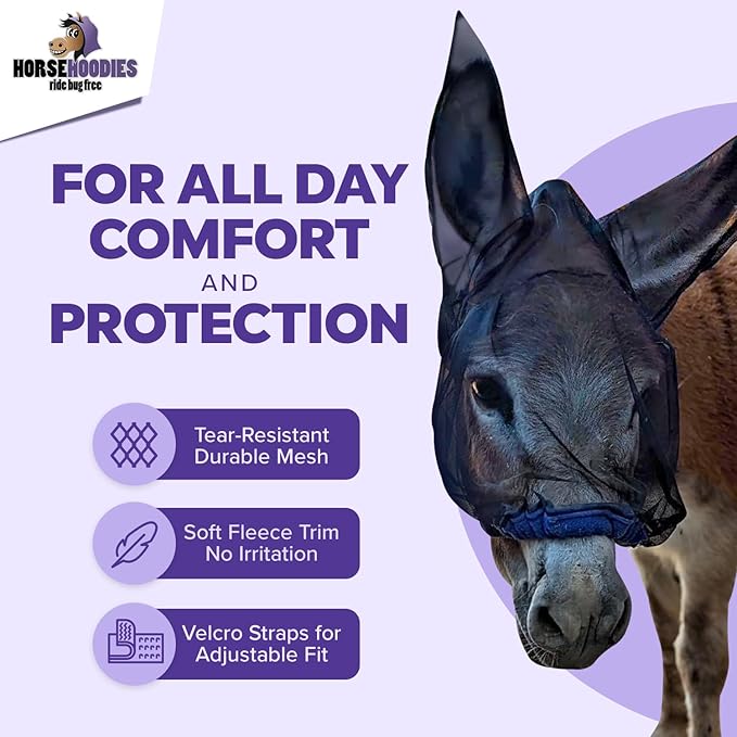 Donkey Fly Mask with Long Ears (Black) Made in USA - Mule Fly Mask with Ears Protection from Insects and Bugs, Small Donkey Soft Mesh Fabric with Adjustable Fastener, Face Cover Supplies for Donkeys