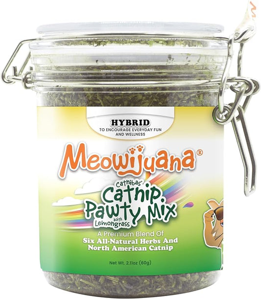 Meowijuana Catnibas Catnip Pawty Mix with Lemongrass Jar | Value Bulk Jar | Premium High Potency Catnip | Premium Hand Harvested North American Catnip | 60g