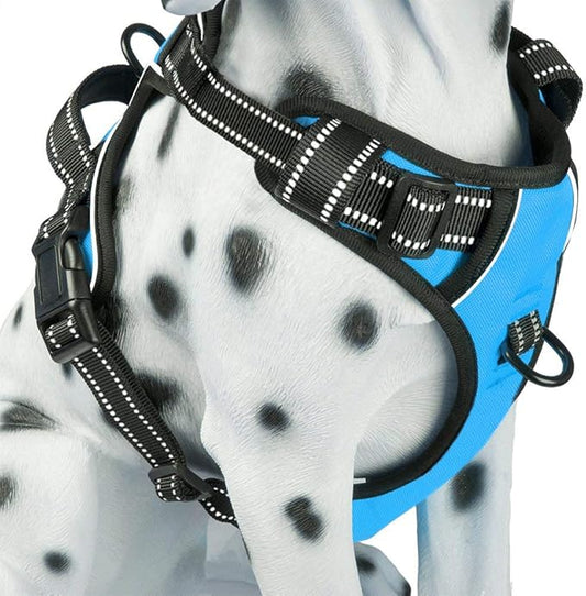 PoyPet No Pull Dog Harness, Reflective Comfortable Vest Harness with Front & Back 2 Leash Attachments and Easy Control Handle Adjustable Soft Padded Pet Vest for Small to Large Dogs (Blue,L)