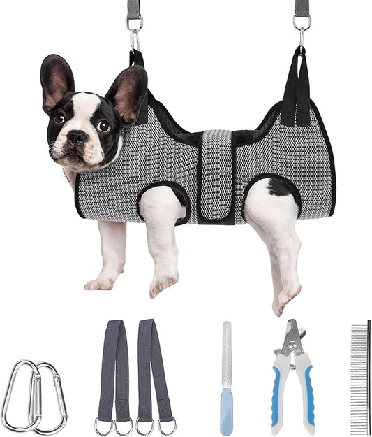 PAWCHIE Dog Grooming Hammock Harness for Dogs & Cats with Pet Nail Clipper Trimmer- Breathable Cat Hanger Sling for Trimming Clipping Nails-Dog Hammock Restraint Bag for Small Medium Large Dog, Grey S