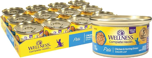 Wellness Complete Health Pate Adult Wet Cat Food, Natural, Protein-Rich, Grain-Free, 3 Ounce, 24 Pack, (Chicken & Herring)