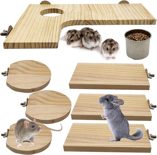 8 Pcs Wooden Hamster Cage Platform Set Wood Juvenile Chinchilla Shelves, Squirrel L-Shape Corner Ledge with Hole Cooling Standing Board Rat Cage Accessories for Gerbil Small Animal Climbing