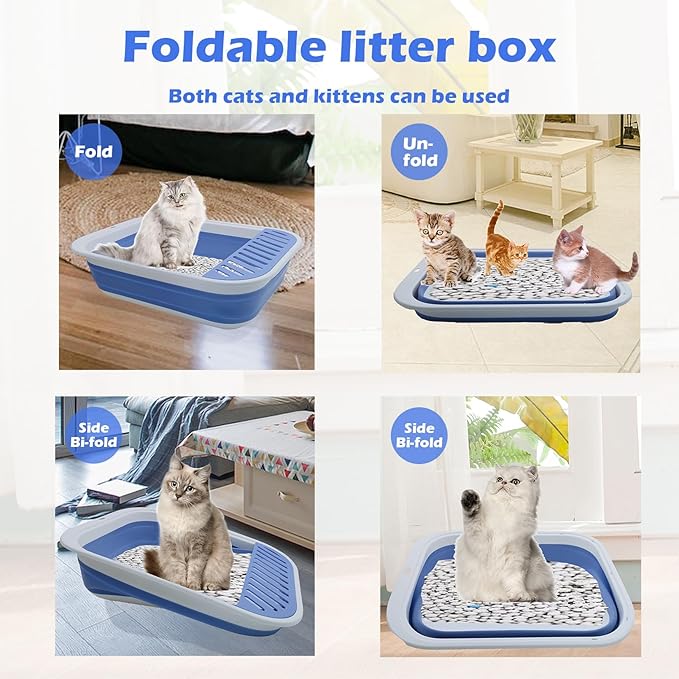 Collapsible Small Cat Litter Box,Open Top Cats Litter Pan with Scoop Foldable Shallow Kitten Potty Toilet Waterproof Cat Travel Litterbox Anti-Splashing Low Entry Semi-Enclosed Easy Clean(Blue)