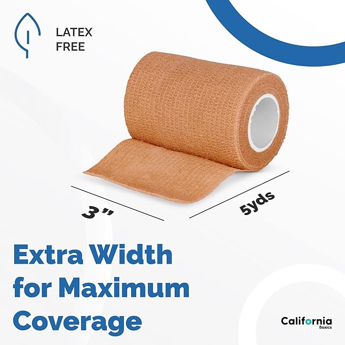 California Basics - 8 Pack - Self Adhesive Bandage Wraps - 3 Inch by 5 Yards Non Woven Self Adhesive Bandage Wrap, Brown Athletic Tape for Wrist, Hand & Ankle Wrap, Premium-Grade Medical Bandage Tape