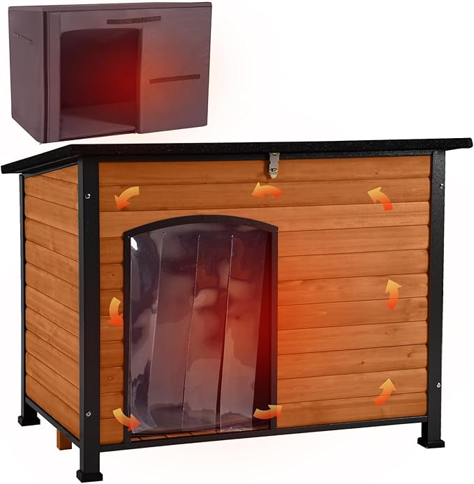 Aivituvin Dog House Outdoor & Indoor Dog Kennel with Insulated Liner for Winter Waterproof Large Dog Cage for Small & Medium & Large Dogs,Unique All-Around Iron Frame