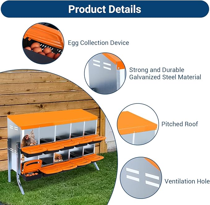Chicken Nesting Box, 10 Hole 2 Layer Hen Nest Boxes with Legs, Roll Away Eggs Laying Boxes,Cleanable Pull Out Hen Roosting Boxes