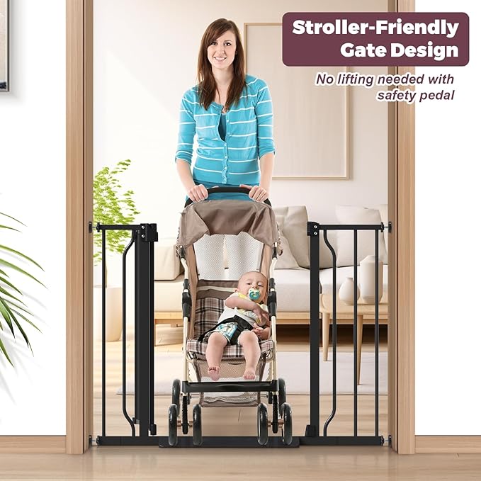 29"-40" Baby Gate for Stairs, Auto Close Stroller Friendly Dog Gate Indoor for Doorways, Pressure Mounted Baby Gate, Easy Walk Through Gate for Children & Pets, Black