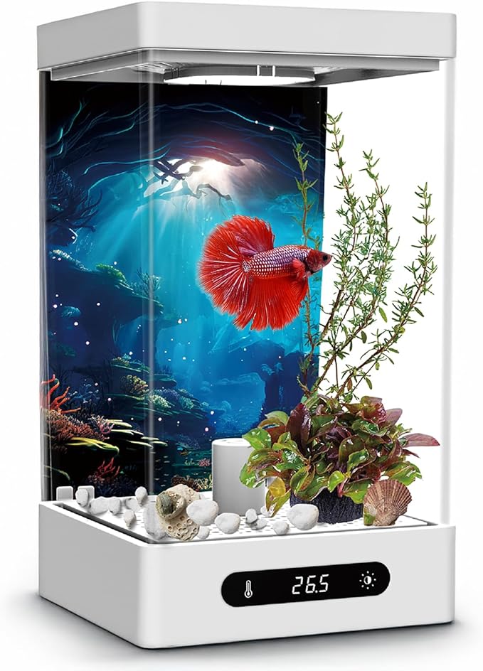 Betta Fish Tank, Smart Automatic Heating, Easy Water Change Valve, and Energy-Efficient LED Lighting - Perfect for Office, Home, and Bedrooms