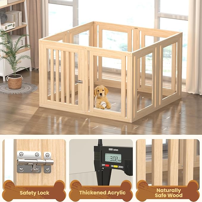 8 Panels Dog Playpen with Door, 23.6" H Pet Playpen Indoor, Clear Acrylic Puppy Playpens, Wooden Puppy Fence with Gate, Transparent Dog Pens, Pet Pen Indoor for Dogs, Cats, Rabbit, Small and Medium