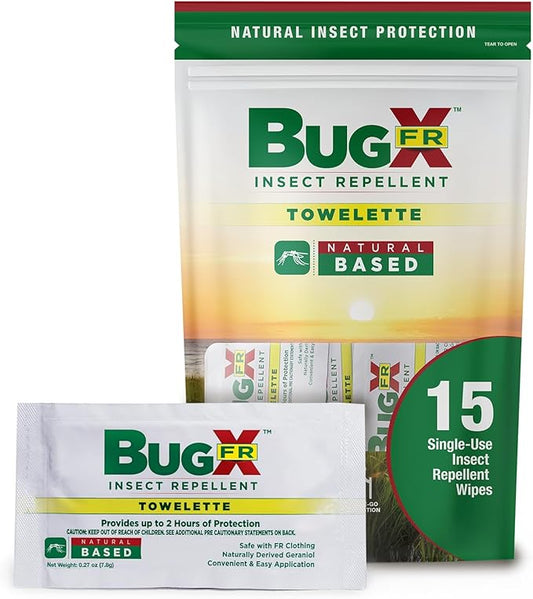 CoreTex Bug X FR DEET-Free Insect Repellent Wipes with Resealable Travel Bag - Pack of 15 Single-Use, Naturally Derived Geranium Oil Bug Wipes - Protects Against Flies, Fleas & Mosquitoes