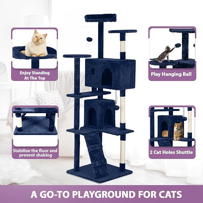 70 Inches Multi-Level Cat Tower for Indoor Cats - XL Tree Climbing Condo With Scratching Posts and Hanging Toys, Navy Blue