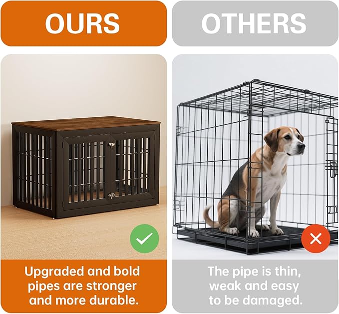 48" Heavy Duty Dog Crate Furniture for Small,Medium and Large Dogs,Rustic Wooden Dog Cage Kennel Indoor Furniture with Waterproof Top,Decorative Pet House Side End Table (Black & Wood)