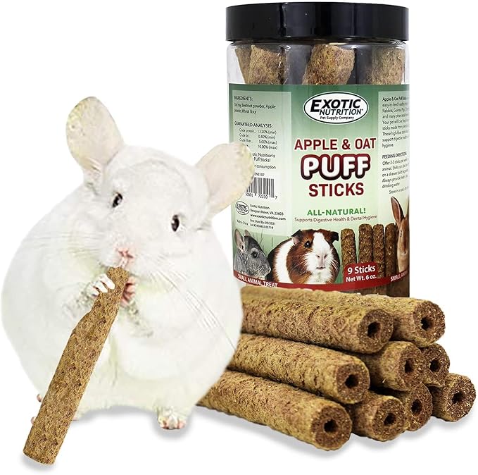 Apple & Oat Puff Sticks (6 oz.) - Healthy Natural High Fiber Chew Treat Made with Oat Hay - Rabbits, Guinea Pigs, Hamsters, Chinchillas, Degus, Prairie Dogs, Squirrels, Skunks, Opossums, Small Pets