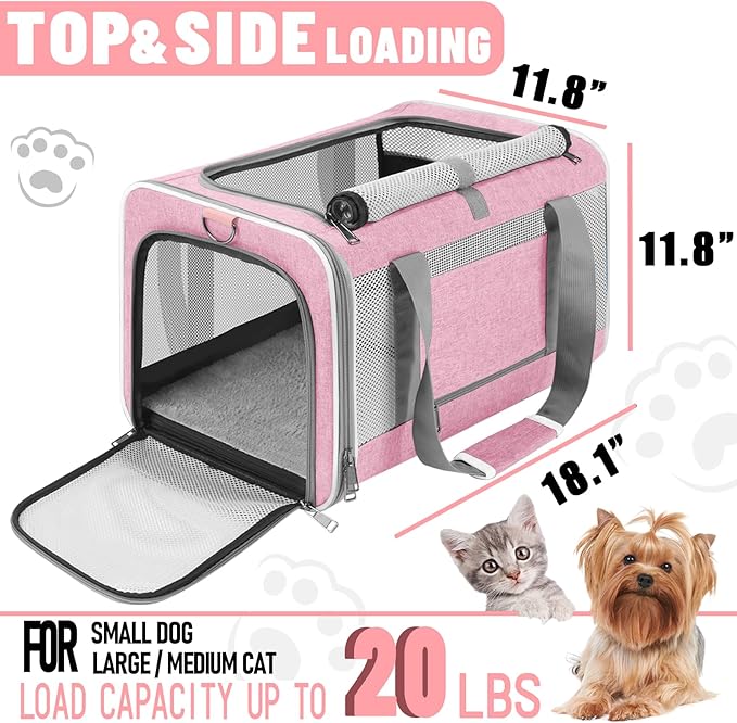 Cat Carrier 20lbs Top Open/Soft Sided Small Pet Dog Travel Carrying Crate/Collapsible Puppy Transport Carry Bag/Sturdy Pet Cages Chihuahuas Mini Dog 10lbs Pink