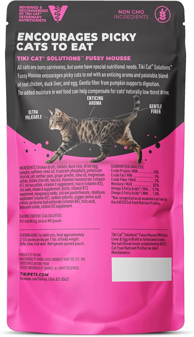 Tiki Cat Solutions Fussy Mousse, Duck Liver & Egg, Specially Formulated to Support Healthy Digestion, Functional Wet Cat for Adult Cats, 2.4 oz. Pouch (12 Count)