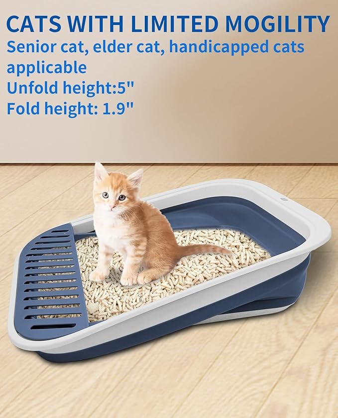 BNOSDM Collapsible Small Cat Litter Box for Kittens Open Potty Pan Foldable Cat Toilet with Scoop Senior Kitty Travel Shallow Litters Boxes Anti-Splash Waterproof Blue 17.7"×13.4"