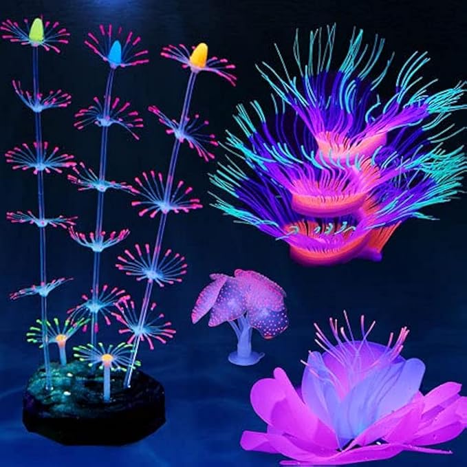 4 Pack Silicone Glowing Fish Tank Decorations Plants,Aquarium Fish Tank Glow Ornaments,Artificial Sea Anemone Coral Decor with Glowing Effect for Glow Fish Aquarium