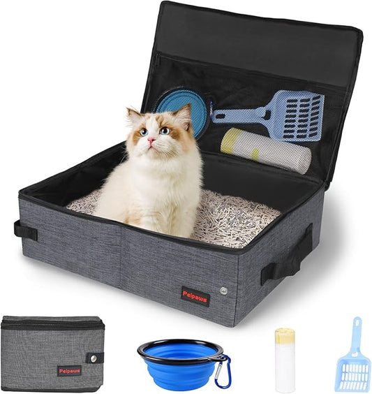 Portable Cat Travel Litter Box. Zipped Lid, Collapsible Litter Box for Cats. No Leakage, No Smell. Easy to Carry. Used for Hotels, Camping, Car(Gray,L)