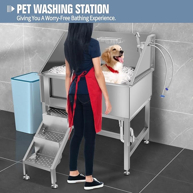 38" Pet Dog Bathing Station W/Ramp, Professional Stainless Steel Dog Grooming Tub W/Floor Grate, Faucet, Dog Bathtub for Large,Medium, Small Pets, Washing Sink for Home,L-RAMP