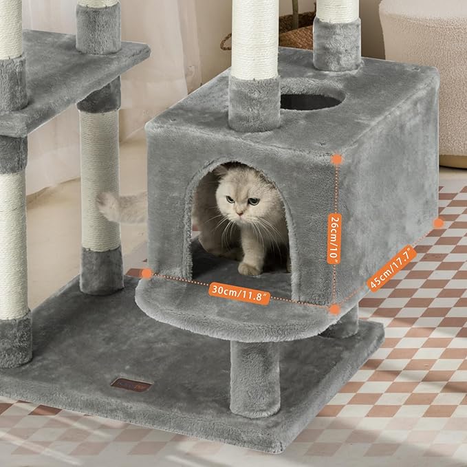 73 inches Large Cat Tree for Indoor Cats, Tall Cat Tower with Sisal Scratching Posts and Pads, Padded Plush Perch, Cozy Basket, Plush Condo for Large Cats (Grey)