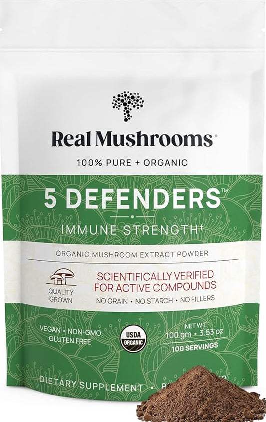 Real Mushrooms 5 Defenders Mushroom Complex Powder – Organic Mushrooms Extract from Chaga, Reishi, Turkey Tail, Maitake & Shiitake Mushroom Blend for Wellness Support with Beta Glucans - 100 Servings