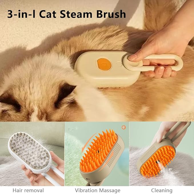 3 in 1 Cat Steam Brush, Pet Steam Cats Brushes Rechargeable Anti-Static Grooming Brushe, Vibration Massage Cleaning Shedding & Combing Multifunctional Hair Removal Comb for Cats Dog (Khaki)