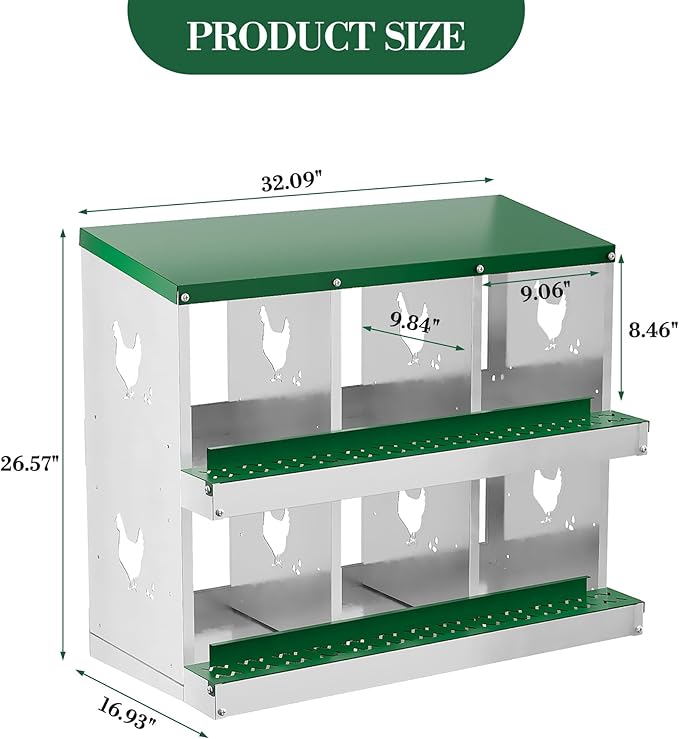6 Hole Chicken Nesting Box with Roll Out Egg Tray, Rustproof & Ventilated Chicken Laying Boxes for Hens, Chickens, Ducks | Easy-Clean Poultry Coop Accessories