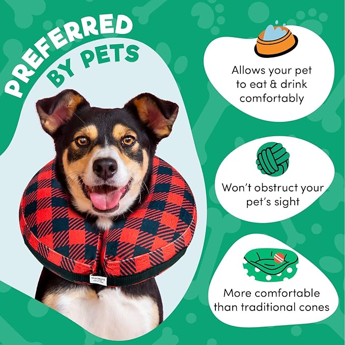 BENCMATE Inflatable Dog Cone Collar Alternative, Soft Dog Cone for Small Medium Large Dogs and Cats, Neck Recovery ECollar Donut Collar After Surgery (Large, Plaid)
