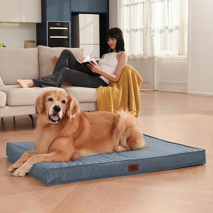 Outdoor Dog Bed for Medium Dogs, Waterproof Dog Crate Bed for Puppy Beds, Orthopedic Egg Crate Foam Pet Bed with Washable and Removable Oxford Cover, Blue