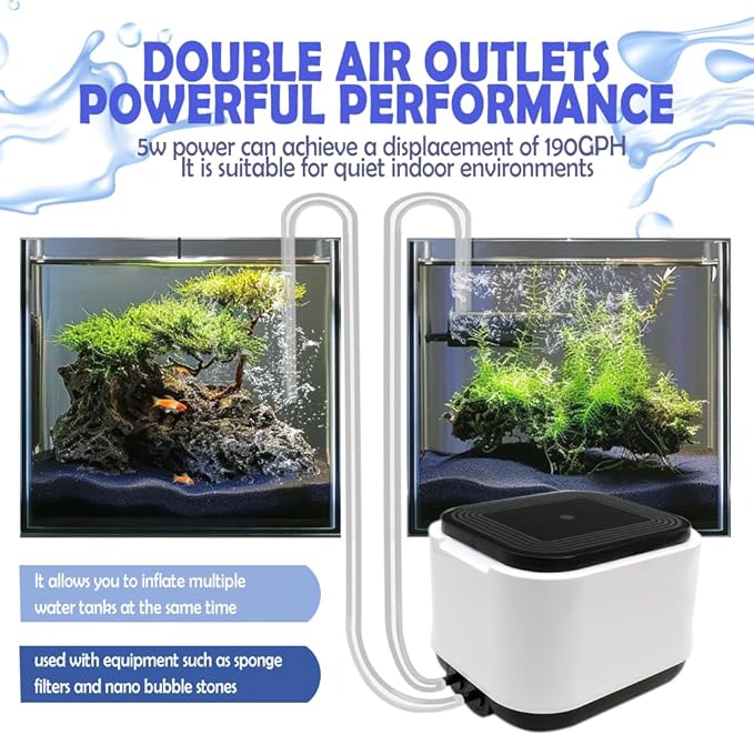 Aquarium Air Pump Quietest for Fish Tank 20-300Gallon/20-600Gallon,2 Air Outlets Ultra Silent Powerful Adjustable Aerator Pump for Livewell 190GPH/260GPH 5W/10W,Air Stones, Tubing, Check Valve