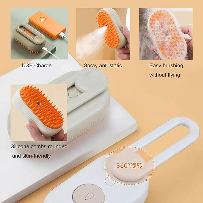 4-in-1 Cat Steam Brush Cat and Dog Anti-Static steam Brush with Spray for Massaging,cleaning,Shedding,Grooming,New Rechargeable Pet Grooming Brushes(cream khaki)