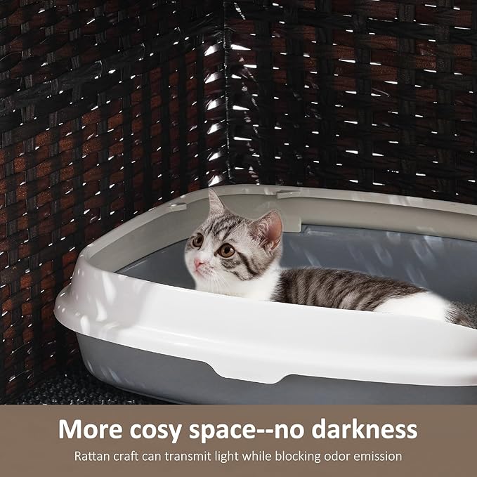 Cat Litter Box Enclosure with Soft Litter Mat; Hidden Cat Washroom Furniture with Door; Handwoven Rattan Cat House; Pet Crate for Living Room, Bedroom, Balcony (Brown)