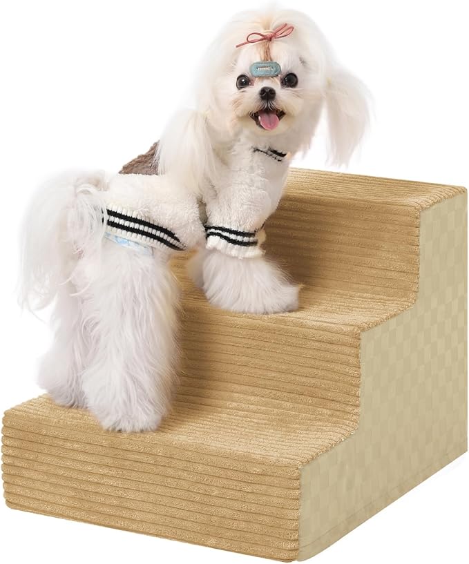 Dog Stairs for Small Dogs,13" H,3-Step Dog Steps for Bed and Couch with High Density Foam,Non-Slip Pet Steps for Doggy and Cat,Pet Stairs with a Washable Cover,Khaki