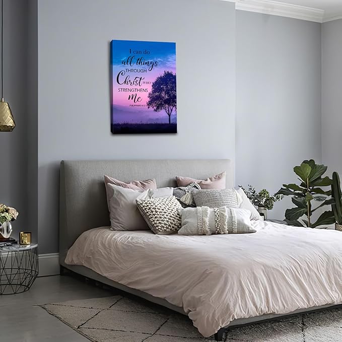 Christian Tree Wall Art I Can Do All Things Canvas Wall Decor Prints Framed Painting Purple Pictures Gifts Artwork for Bathroom Bedroom 16"x24"
