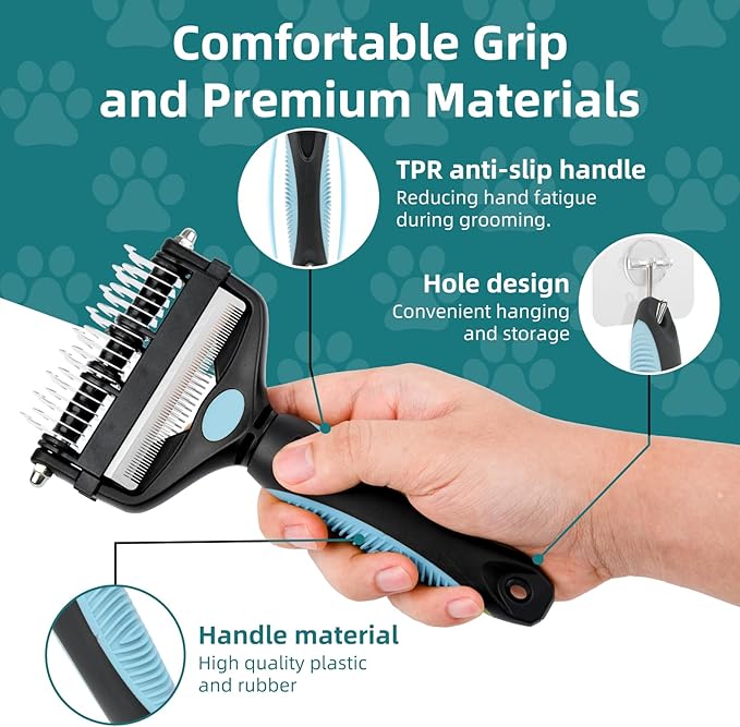 3-IN-1 Pet Grooming Tool - Undercoat Rake, Dematting Comb & Deshedding Brush for Cats & Dogs - Removes Mats, Tangles & Loose Fur, Reduces Shedding & Prevents Hair Mess (Blue)