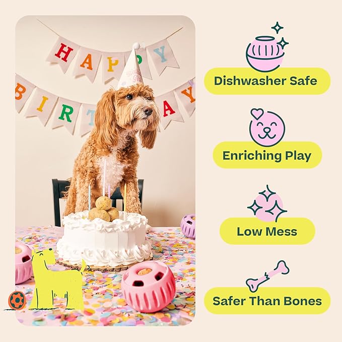 WOOF Party Pupsicle - Long-Lasting Interactive Dog Toys for Boredom - Low-Mess Design - Birthday Gifts for Dogs - Small Dog Toys - Party Pink