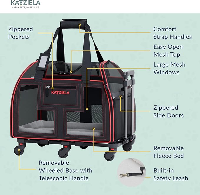 Airline Compliant Pet Carrier - Rolling Portable Travel Carry Crate for Small Dog Puppy or Cat - Soft Removable Wheeled Design with Mesh Window Sides - Airplane and TSA Compliant- by Katziela