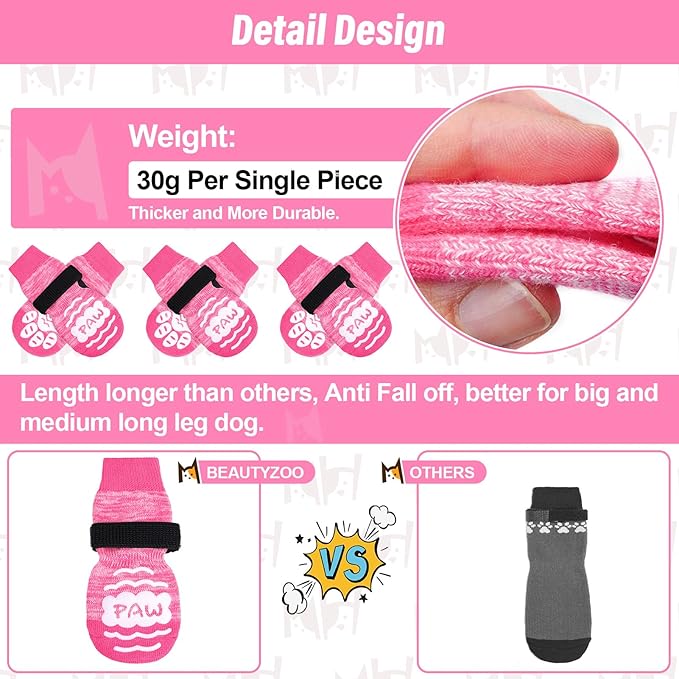 BEAUTYZOO Anti Slip Dog Socks for Small Medium Large Dogs,Paw Protector with Grips for Hardwood Floor Hot/Cold Pavement,Traction Control 3 Pairs AntiTwist Dog Shoes to Prevent Licking for Senior Dog