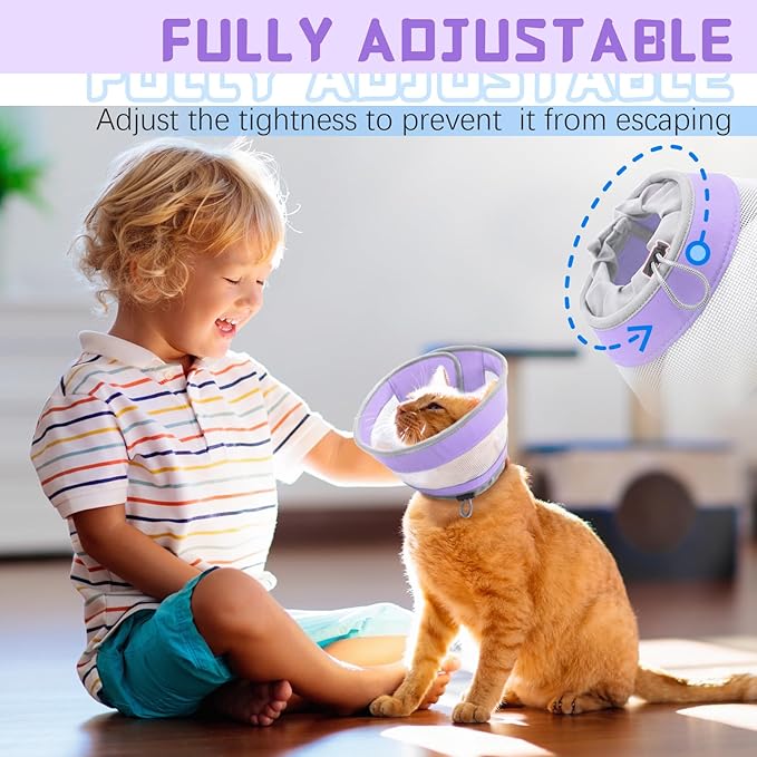 Breathable Air Mesh Cat Cone Collar Soft to Stop Licking, Adjustable, Foldable Lightweight Kitten Cones After Surgery Recovery for Cats & Kittens (Purple, M)