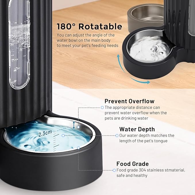 Gravity Cat Feeder and Water Dispenser with 304 Stainless Steel Bowls, 2 in 1 Automatic Cat Feeder with 180 Degree Rotatable Water Bowl, Large Capacity for Puppy Kitten Rabbits, Grey