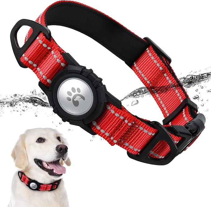 TagME Airtag Dog Collar,Waterproof Reflective Pet Collar with Airtag Holder,Soft Padded and Double D-Rings for Large Dogs,Red