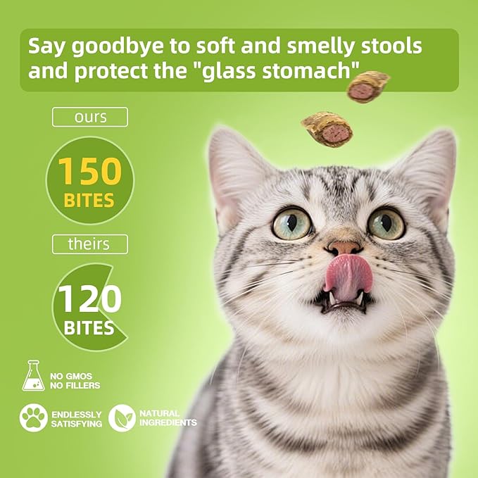 Cat Probiotic for Digestive & Gut Health - 150 Dual Texture Crunchy & Creamy Bites - Relief for Constipation, Diarrhea & Sensitive Stomach with Prebiotics & Taurine for Kittens & Seniors