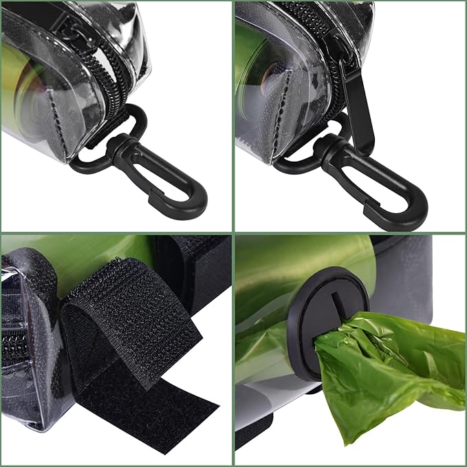 Clear Metal Dog Waste Bag Dispenser & Holder - Portable, 1 Hand Free, Fits Leash Accessory, Set Includes Dog Poop Bags