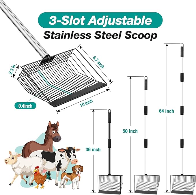 Adjustable Chicken Poop Scooper, Heavy Duty Stainless Steel Chicken Rake with 3-Slot Pole, Multi-Use Pet Waste Shovel & Hay Scooper - 36"/50"/64" Length