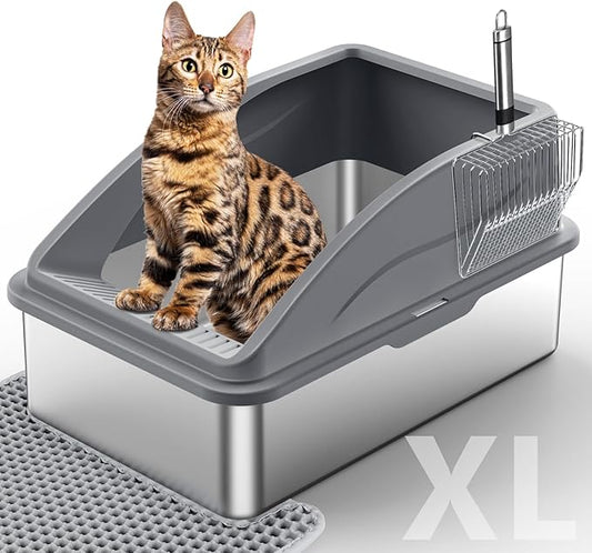 Stainless Steel Litter Box, Extra Large Litter Boxes for Big Cats, XL Metal Cat Litter Box with Lid, Anti-Urine Leakage, Non-Sticky, Include Cat Mat and Litter Scoop