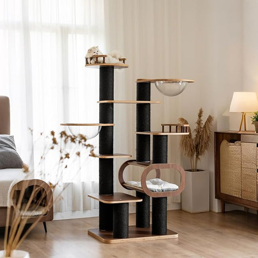 70.8'' Tall Luxury Cat Tree,All i,ne One Black Walnut Wood Modern Cat Tower for Indoor Large,Huge Multi-Level Cat Furniture with Scratching Posts,Condo,Cushion,Clear Bowl,Platform for Home Decoration
