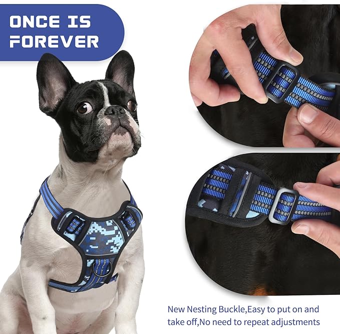 BUMBIN Dog Harness for Large Dogs, No Pull Adjustable No Choke Pet Vest with Dog Leash Fit Smart Reflective Pet Walking Harness for Training Easy Control Soft Handle Blue Camo M