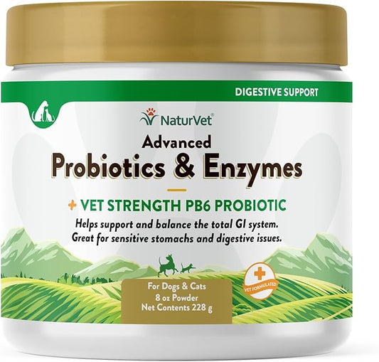 NaturVet – Advanced Probiotics & Enzymes - Plus Vet Strength PB6 Probiotic | Supports and Balances Pets with Sensitive Stomachs & Digestive Issues | for Dogs & Cats (8 oz)