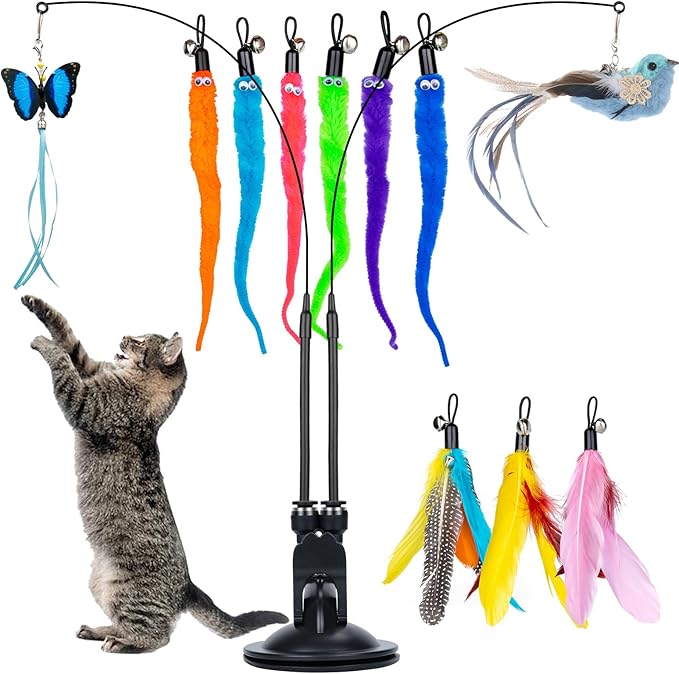 Cat Feather Toys, 14PCS With 2 Slots Super Suction Cup, Detachable 2PCS Wand & 11PCS Replacement Teaser Refills With Bell, Interactive Toy for Indoor Cats Kitten Play Exercise
