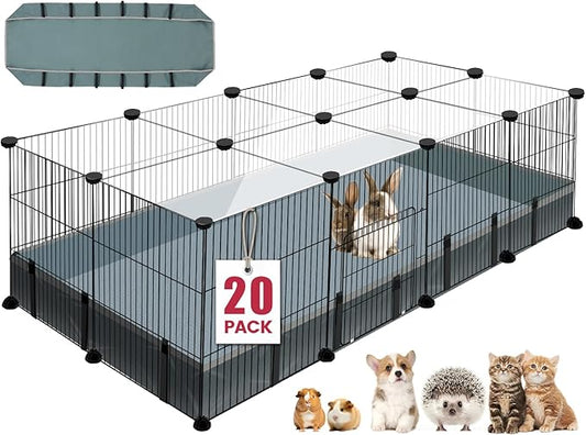 20 Panels Small Animal Playpen, 48" x 24" x 16" Pet Playpen with Waterproof Mat, C&C Cage for Guinea Pigs, Rabbit/Bunny/Baby Chicken Cage,Bunny/Puppy/Chicken Pen Indoor Outdoor Portable Metal Fence